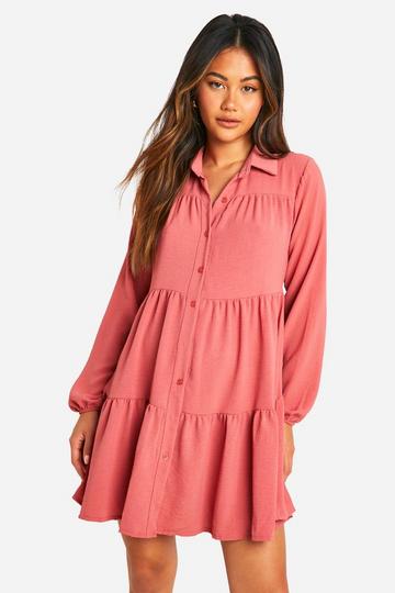 Rose Pink Tiered Smock Shirt Dress