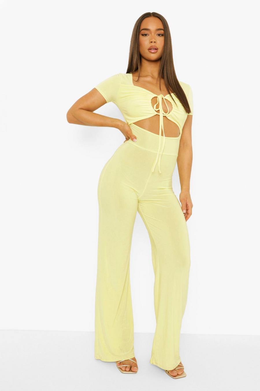 Yellow Slinky Cut Out Halterneck Wide Leg Jumpsuit image number 1
