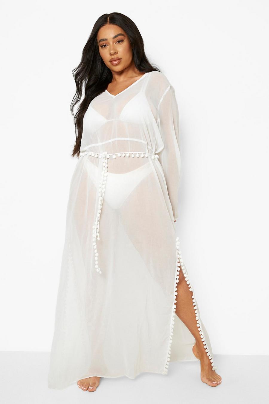 White Plus Pom Pom Trim Belted Maxi Dress image number 1