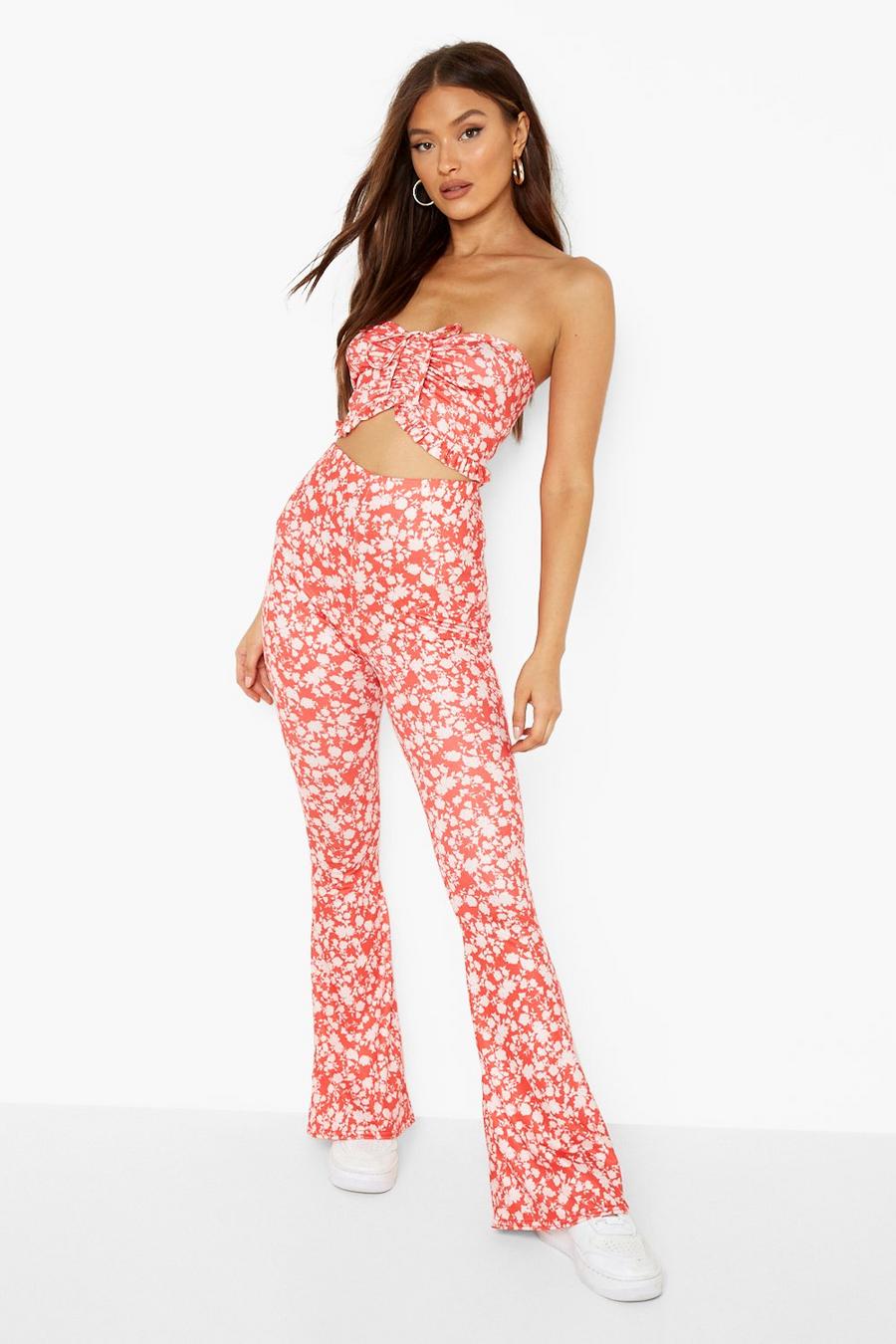 Red Floral Bralettete & Flared Pants