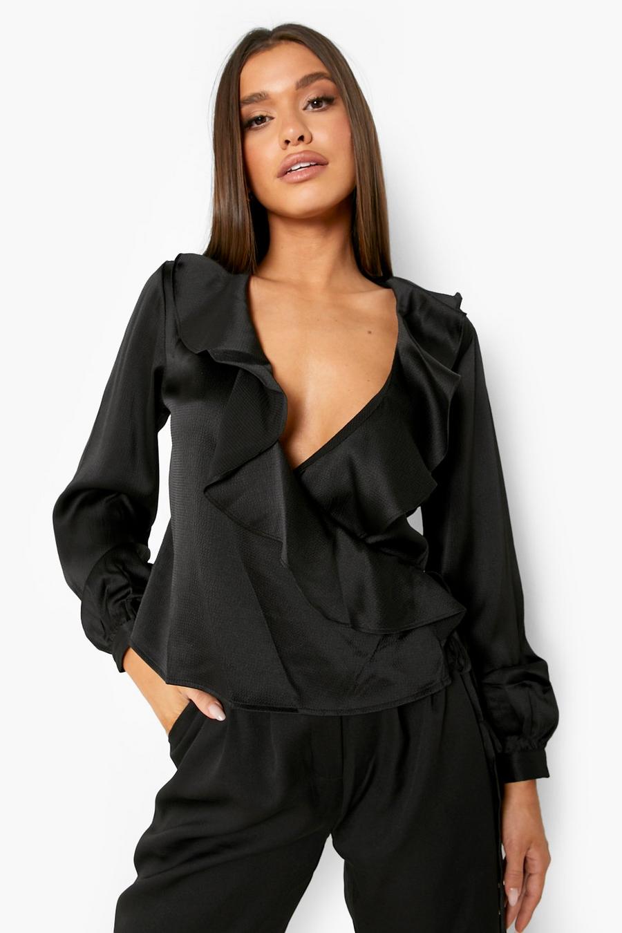 Black Textured Woven Wrap Front Blouse image number 1