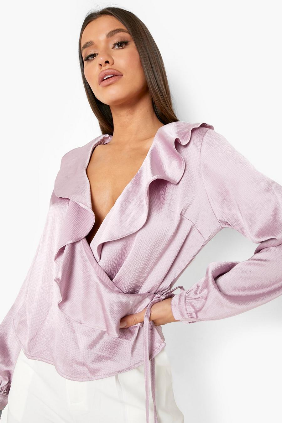 Lilac Textured Woven Wrap Front Blouse image number 1