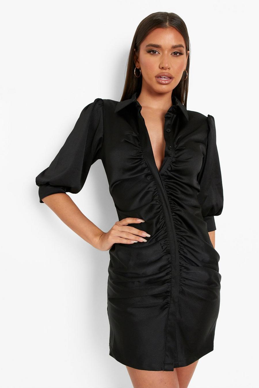 Black Textured Woven Ruched Front Shirt Dress image number 1