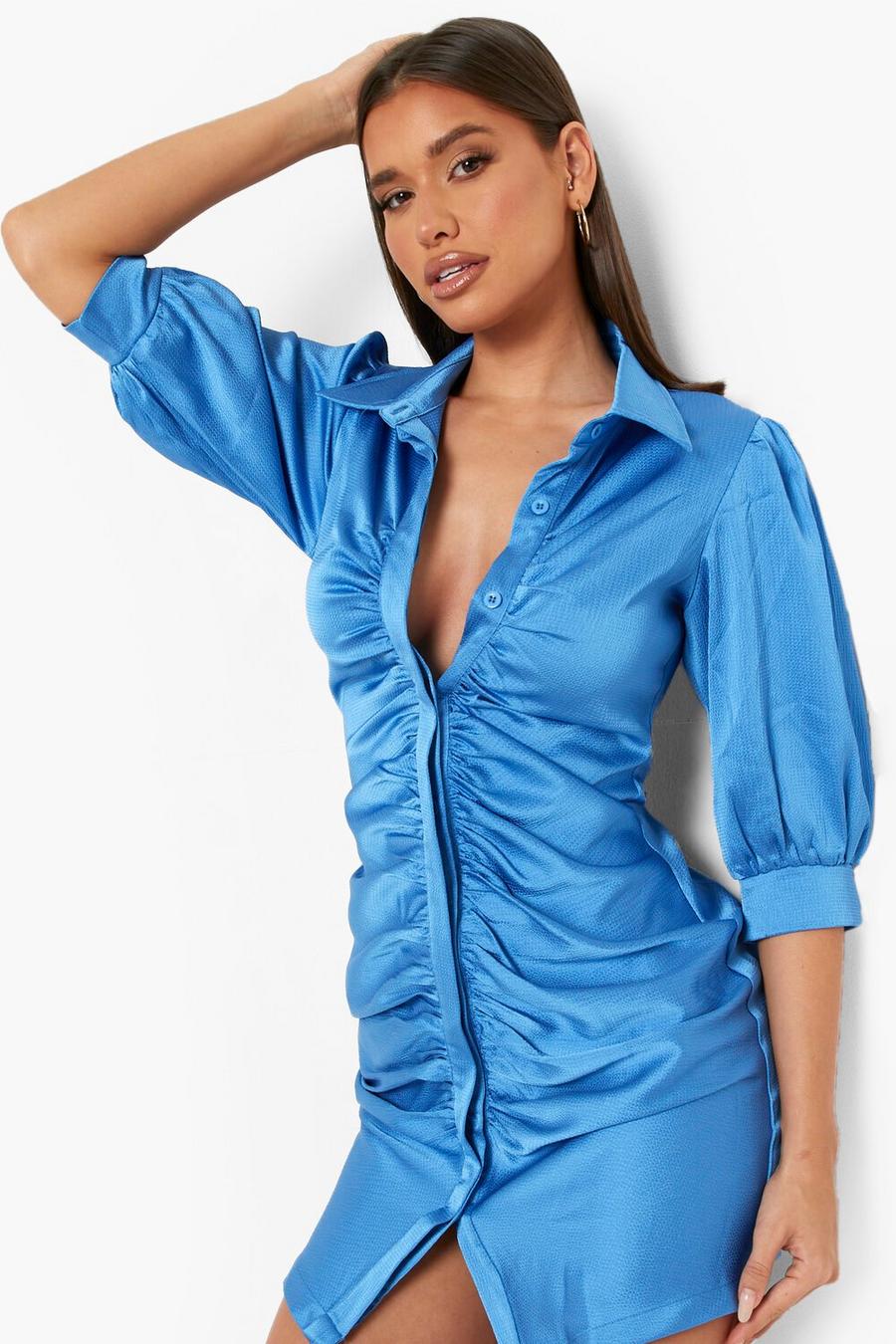 Cobalt blue Textured Woven Ruched Front Shirt Dress