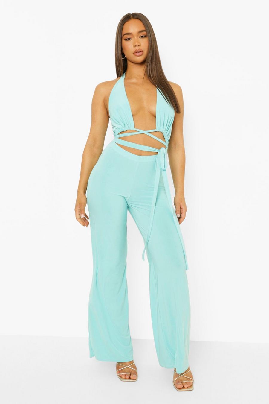 Turquoise Slinky Cut Out Wide Leg Jumpsuit image number 1