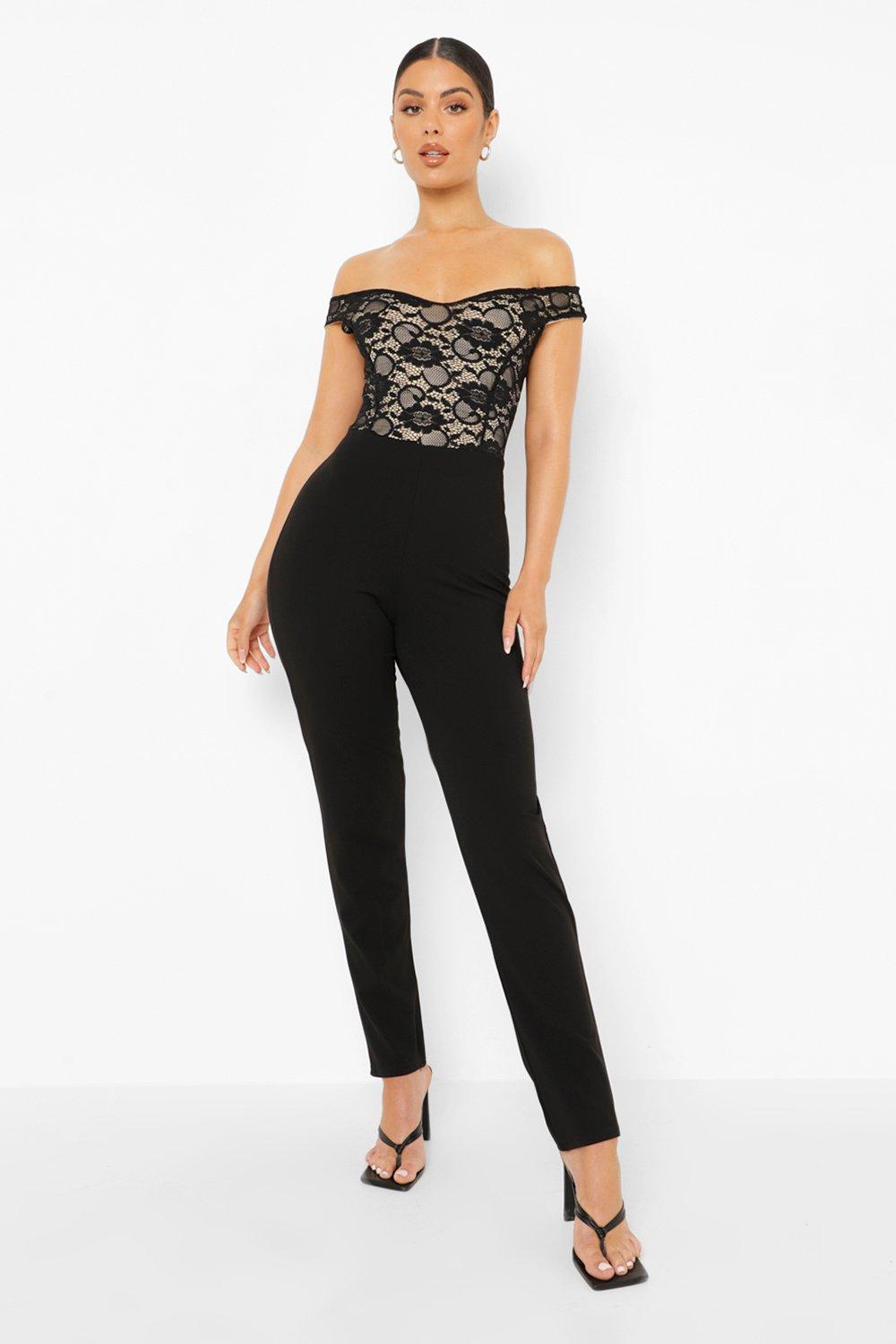 〖Alumu.〗summer lace salopette┋black Fold Over Bardot Jumpsuit In Black Zebra Textured Lace | EGO