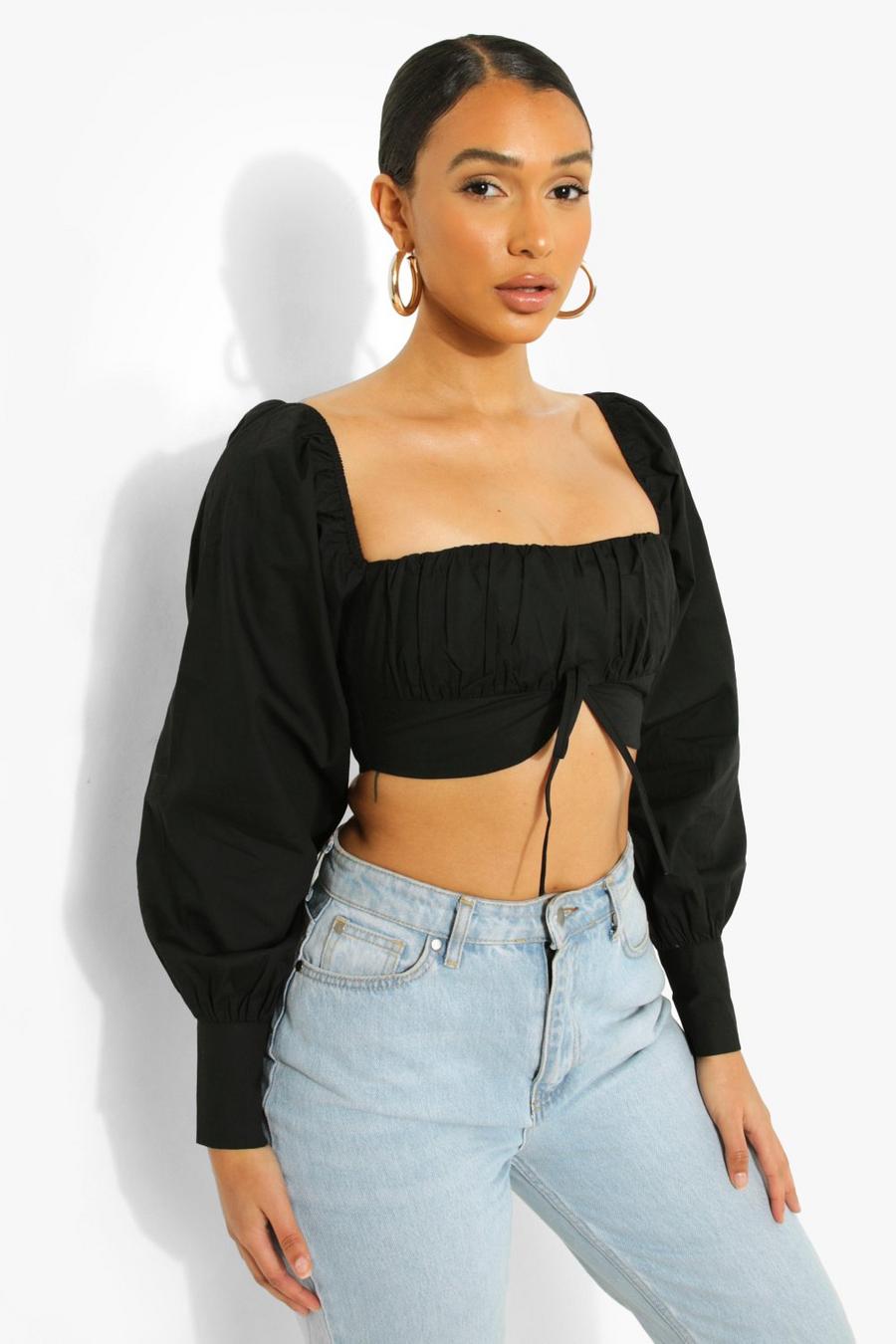 Black Puff Sleeve Ruched Detail Tie Front Top image number 1