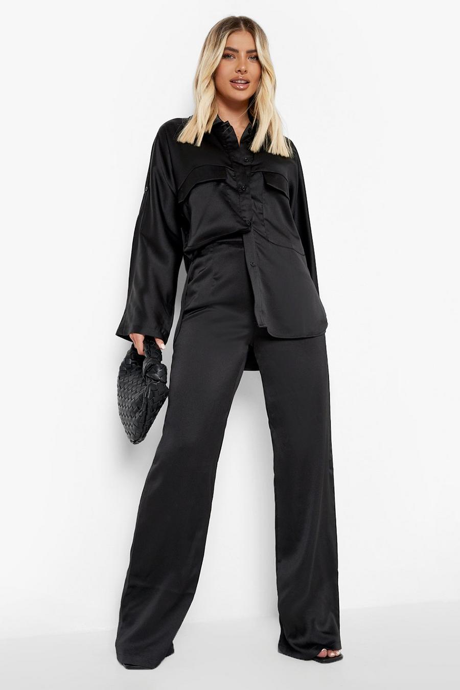 Black Textured Woven Wide Leg Relaxed Fit Pants image number 1