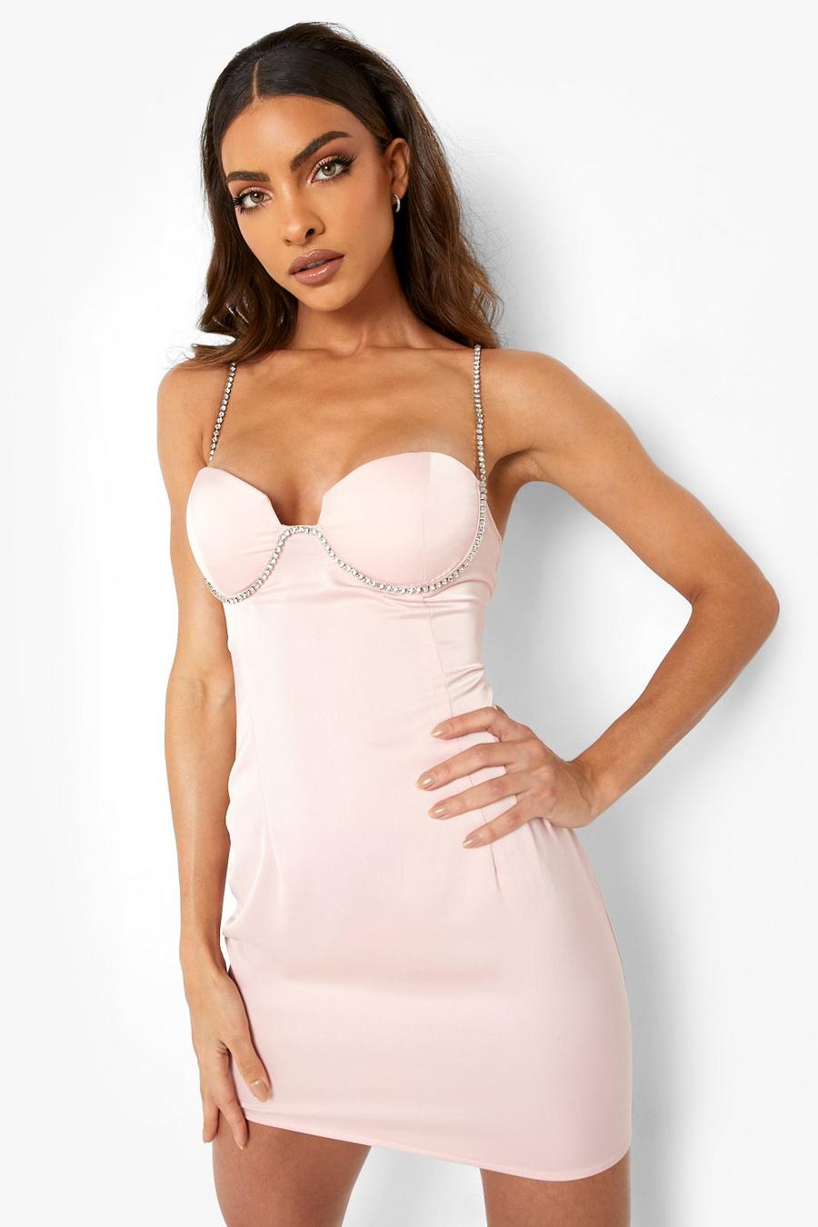 Pale pink Diamante Strap Under Bust Bodycon Mini Dress image number 1