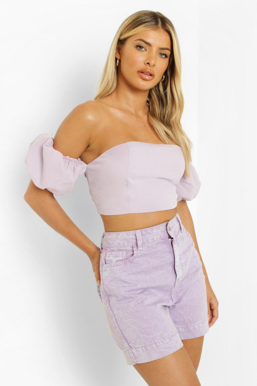 Lilac Puff Sleeve Cross Back Crop Top image number 1