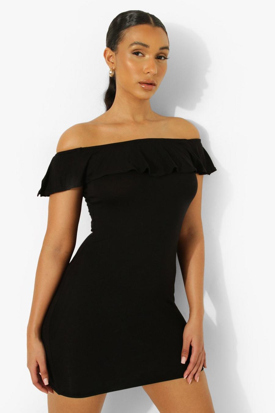 Black Basic Bardot Ruffle Mini Dress image number 1