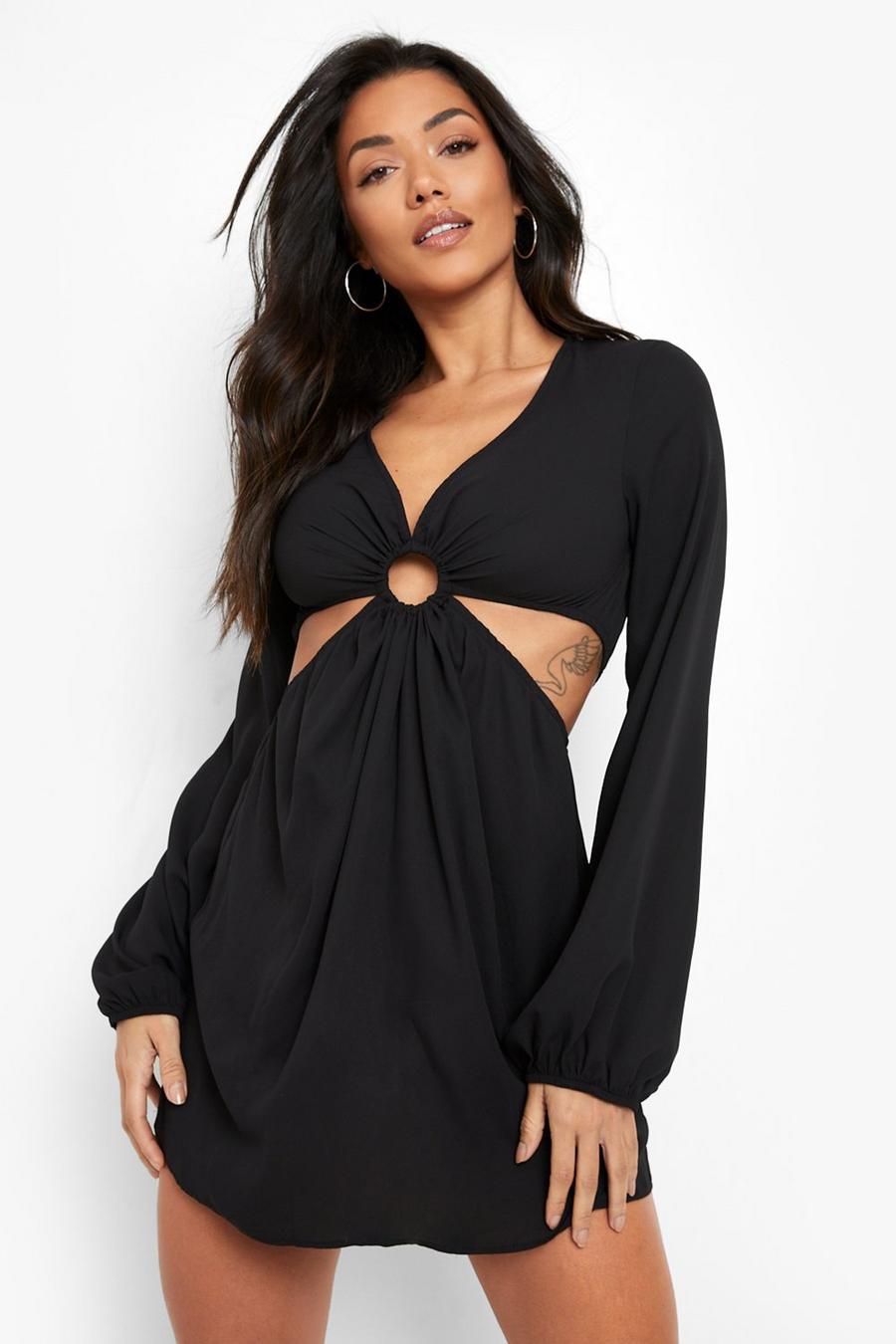 Black Long Sleeve D Ring Cut Out Mini Dress image number 1