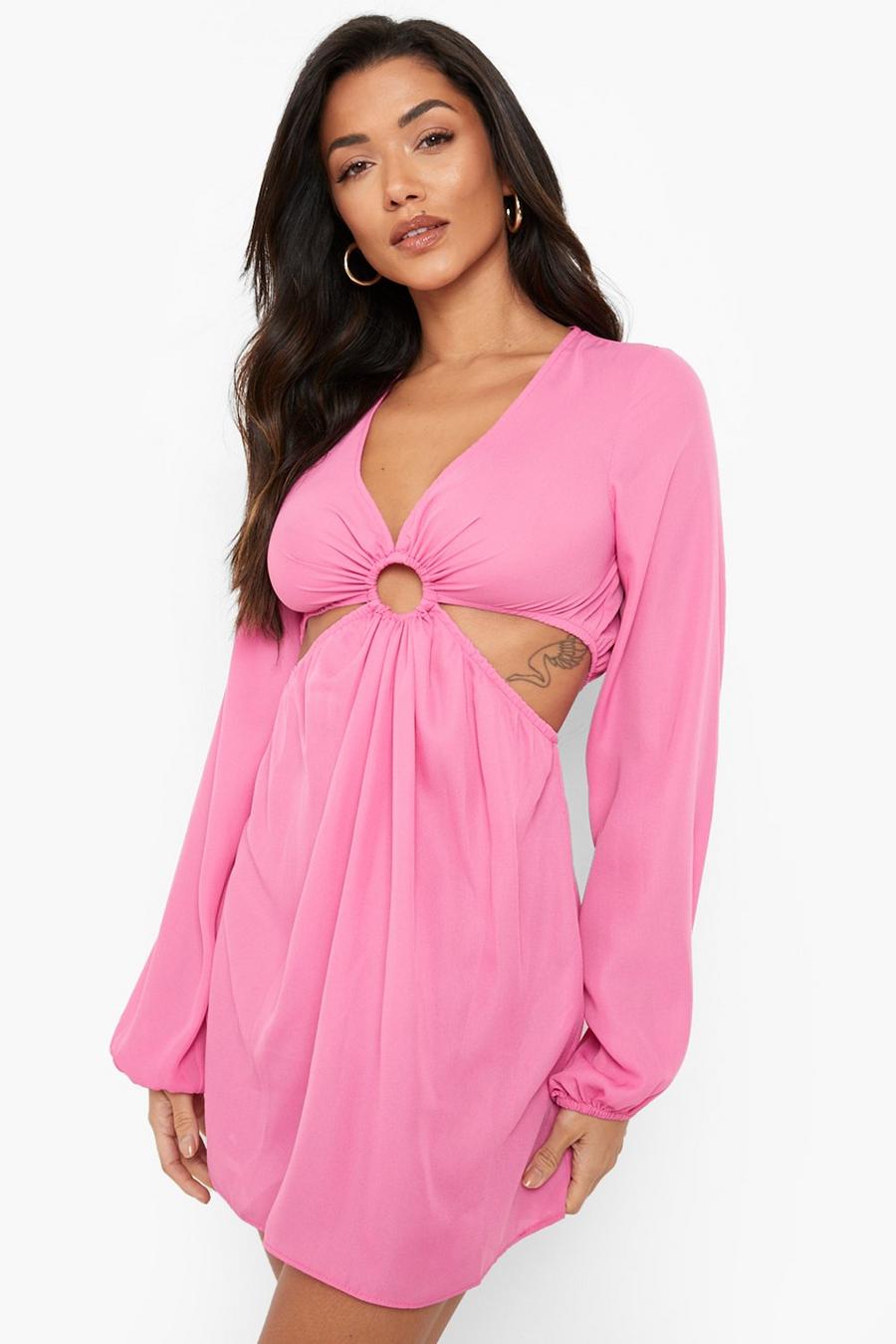 Hot pink Långärmad miniklänning med cut-outs och ring image number 1