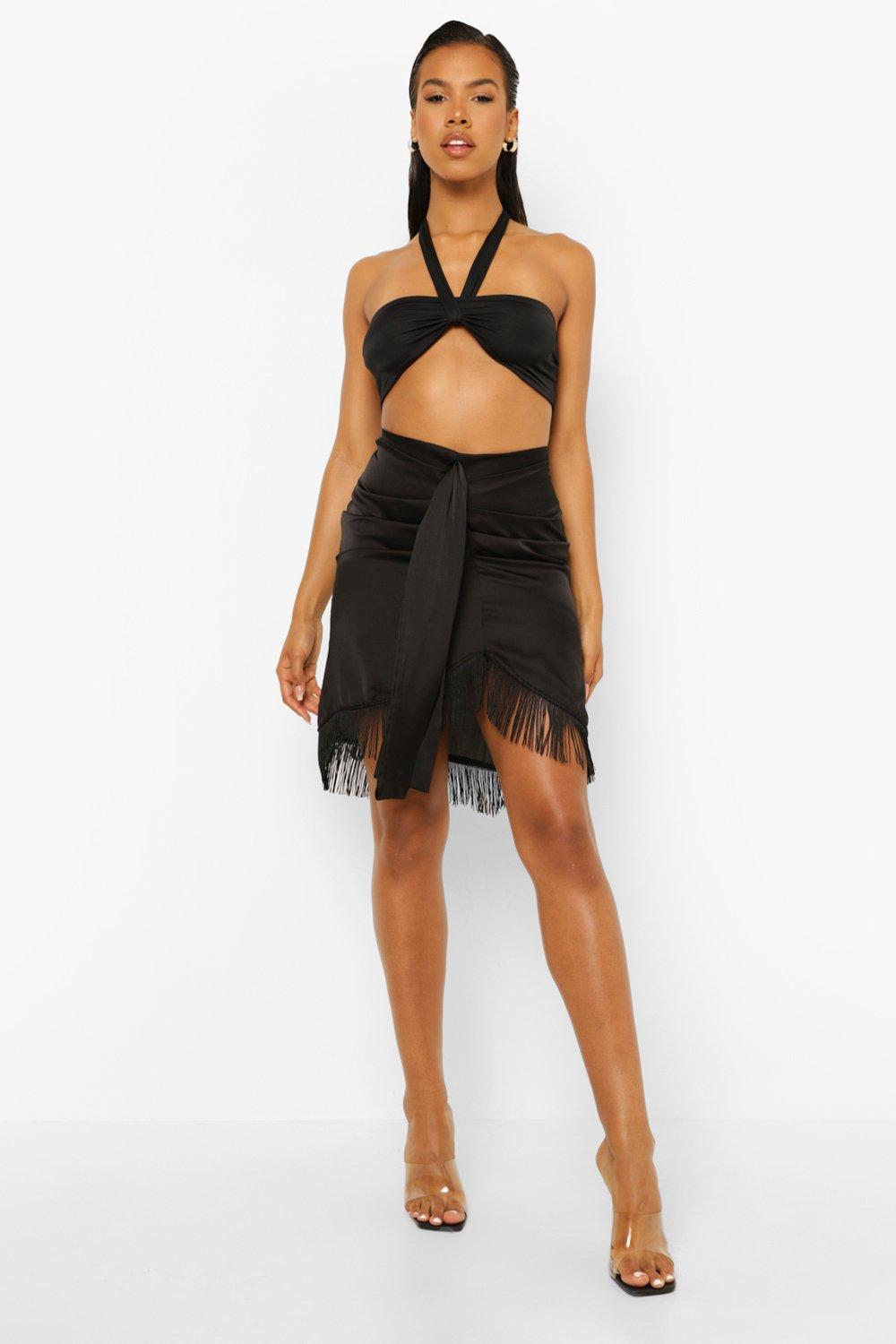 Fringed satin midi skirt