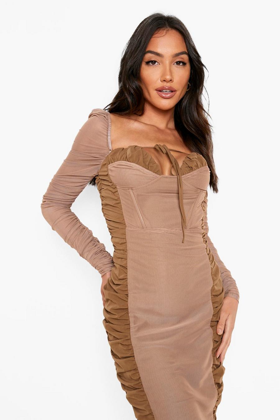 Chocolate Ruched Mesh Detail Midi Dress image number 1