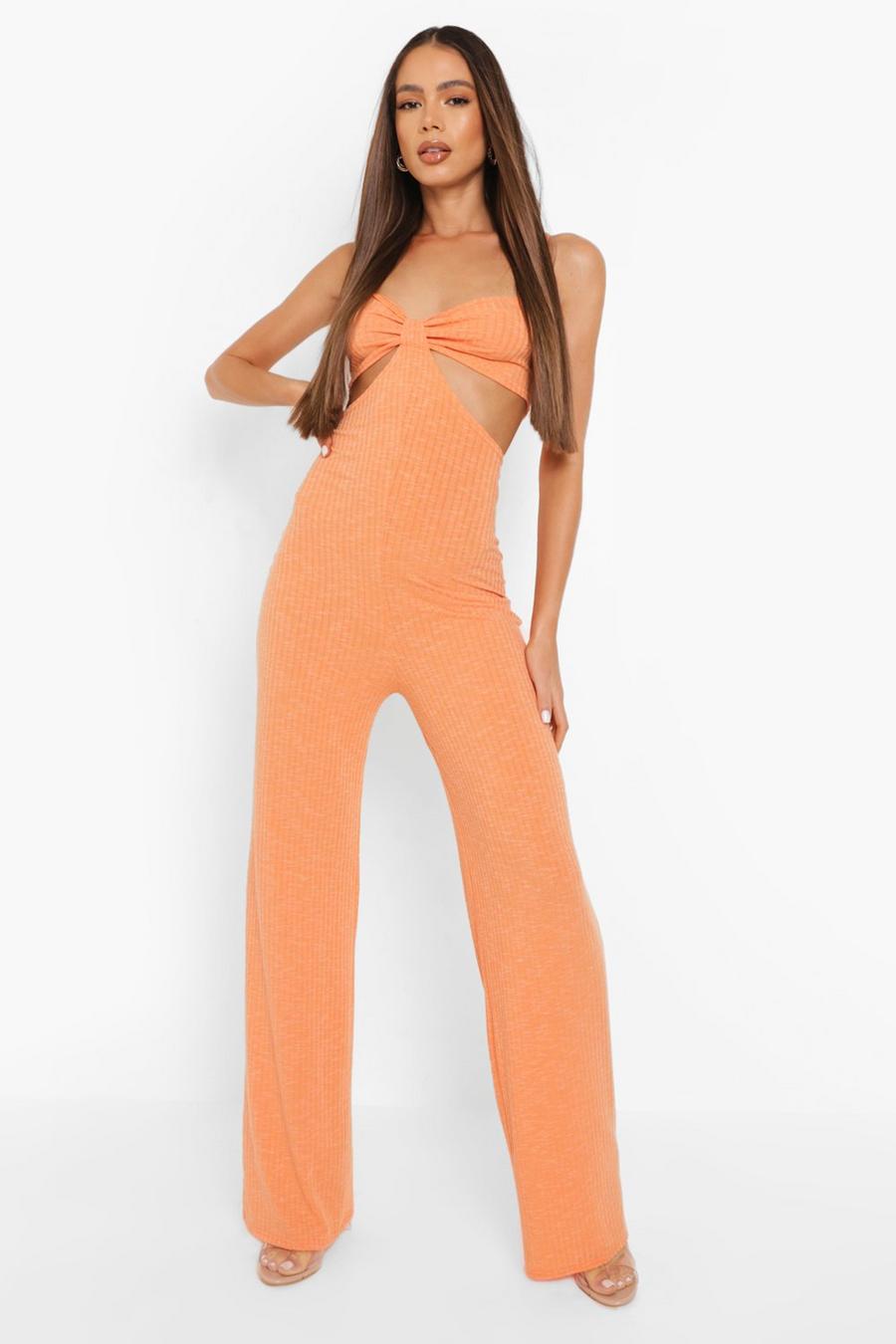 Gerippter Cut-Out Jumpsuit mit weitem Bein, Burnt orange image number 1