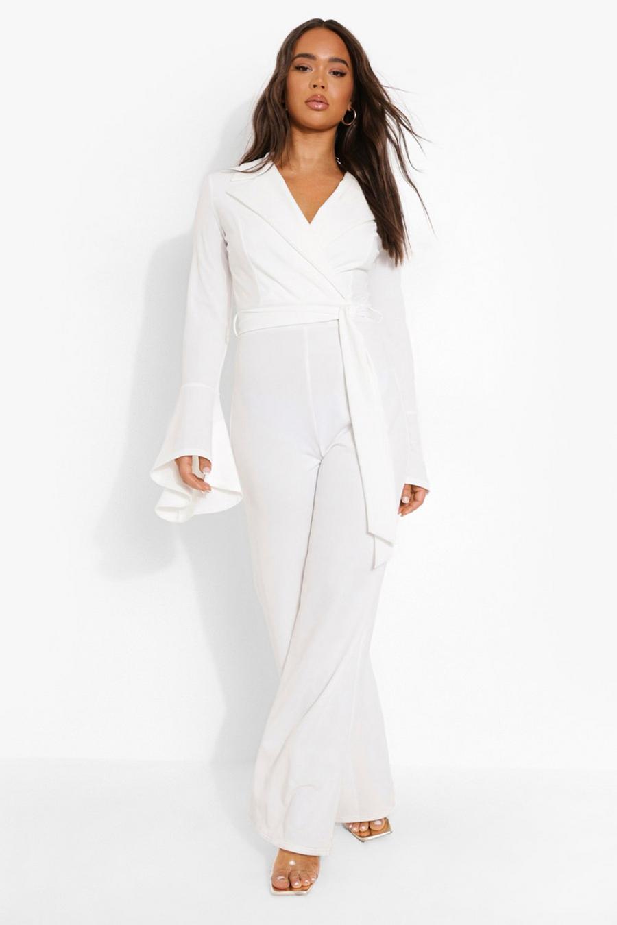White Flare Sleeve Tailored Wide Leg Jumpsuit image number 1