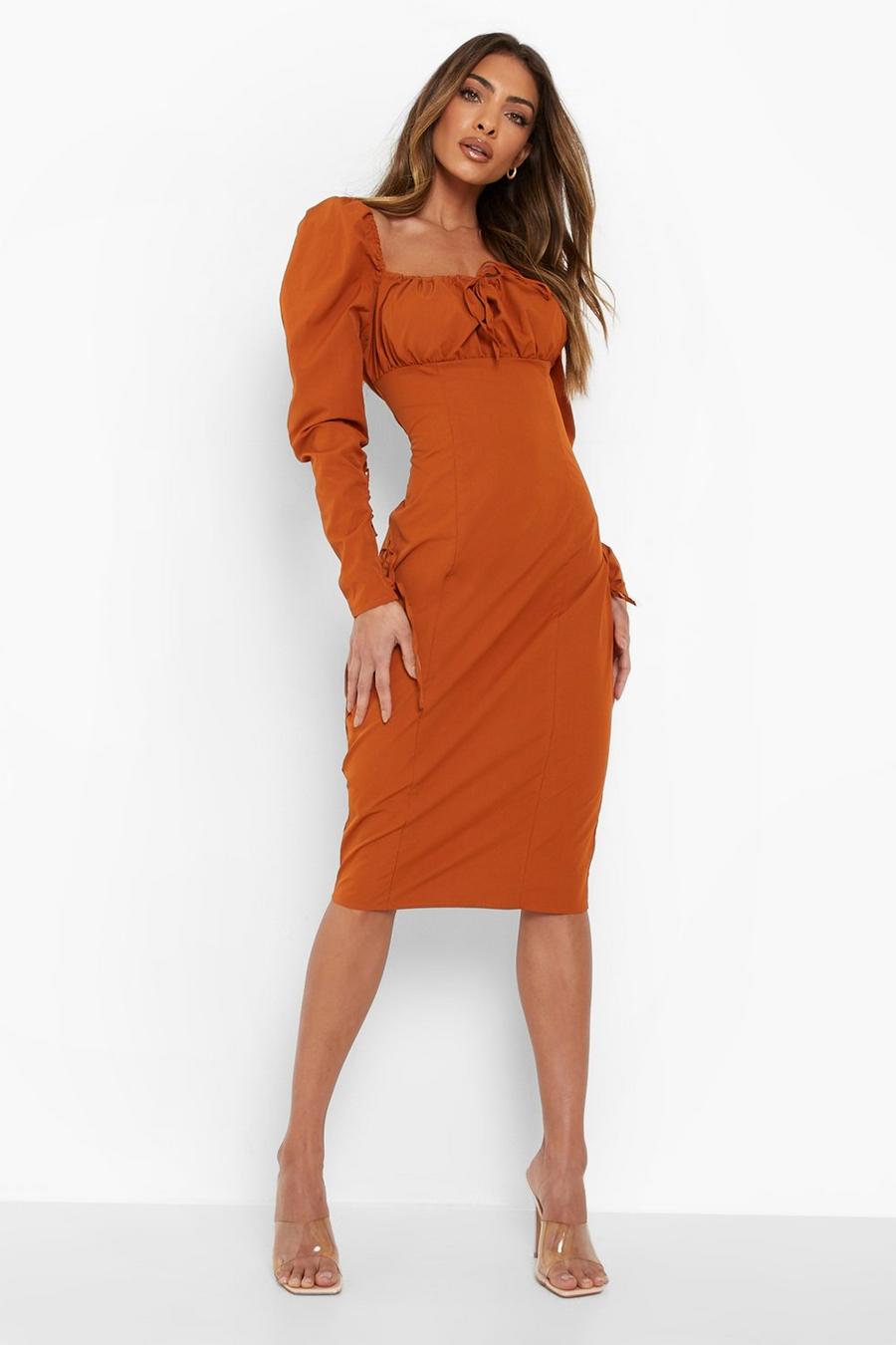 Terracotta Square Neck Ruched Bust Midi Dress image number 1