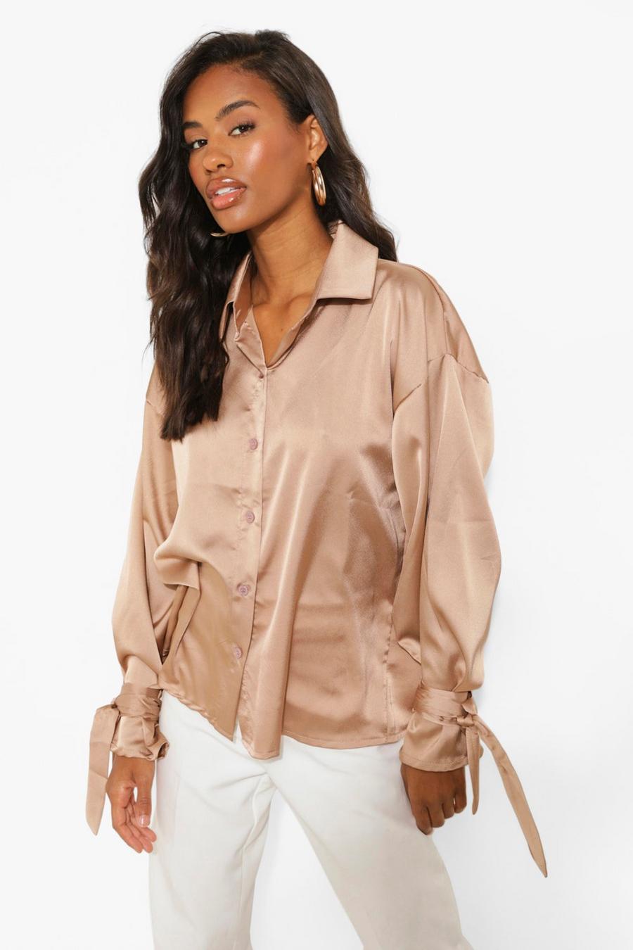 Oyster Tie Cuff Satin Oversized Shirt image number 1