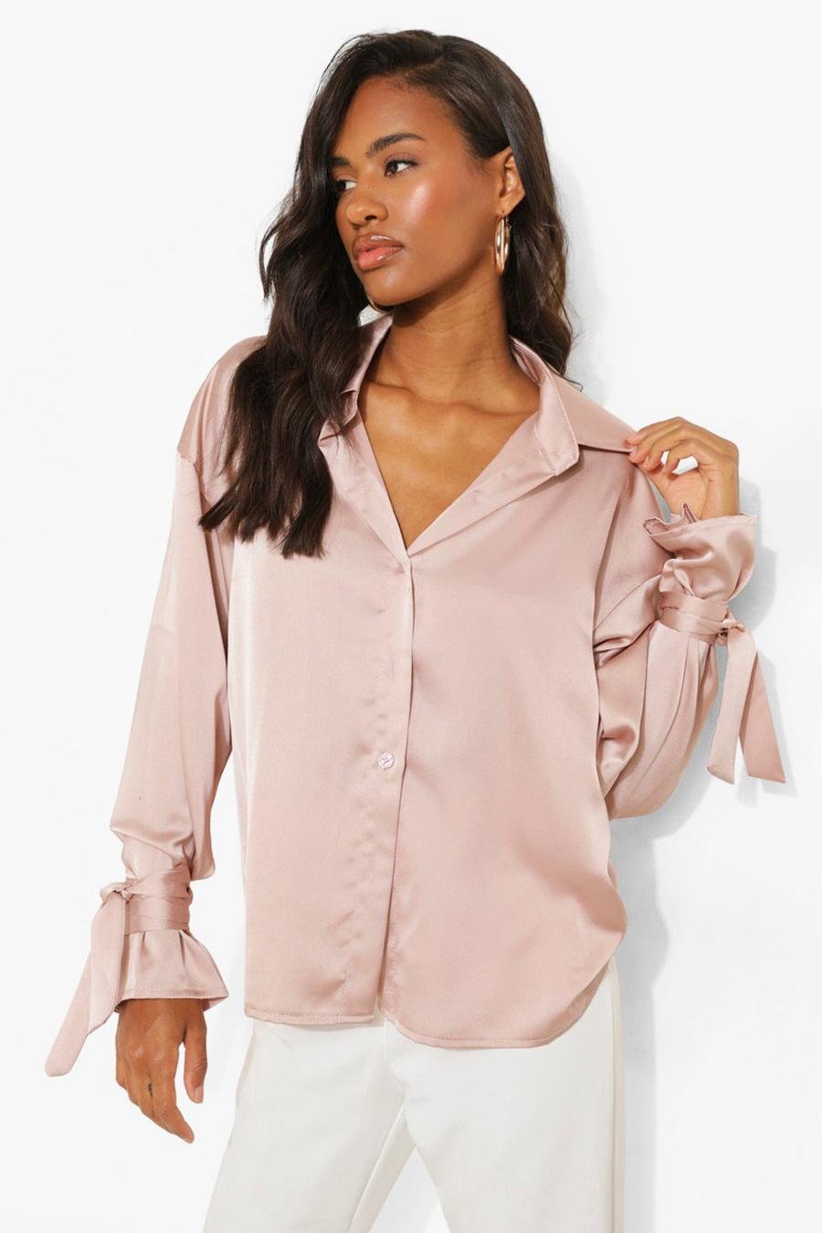 Rose Tie Cuff Satin Oversized Shirt image number 1