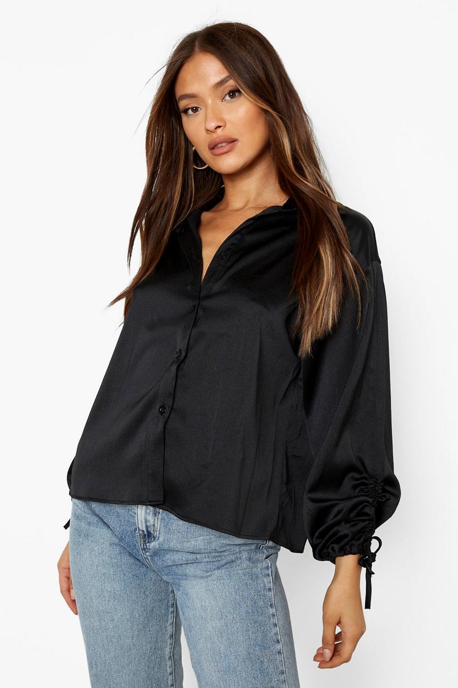 Black Textured Woven Ruched Sleeve Shirt image number 1