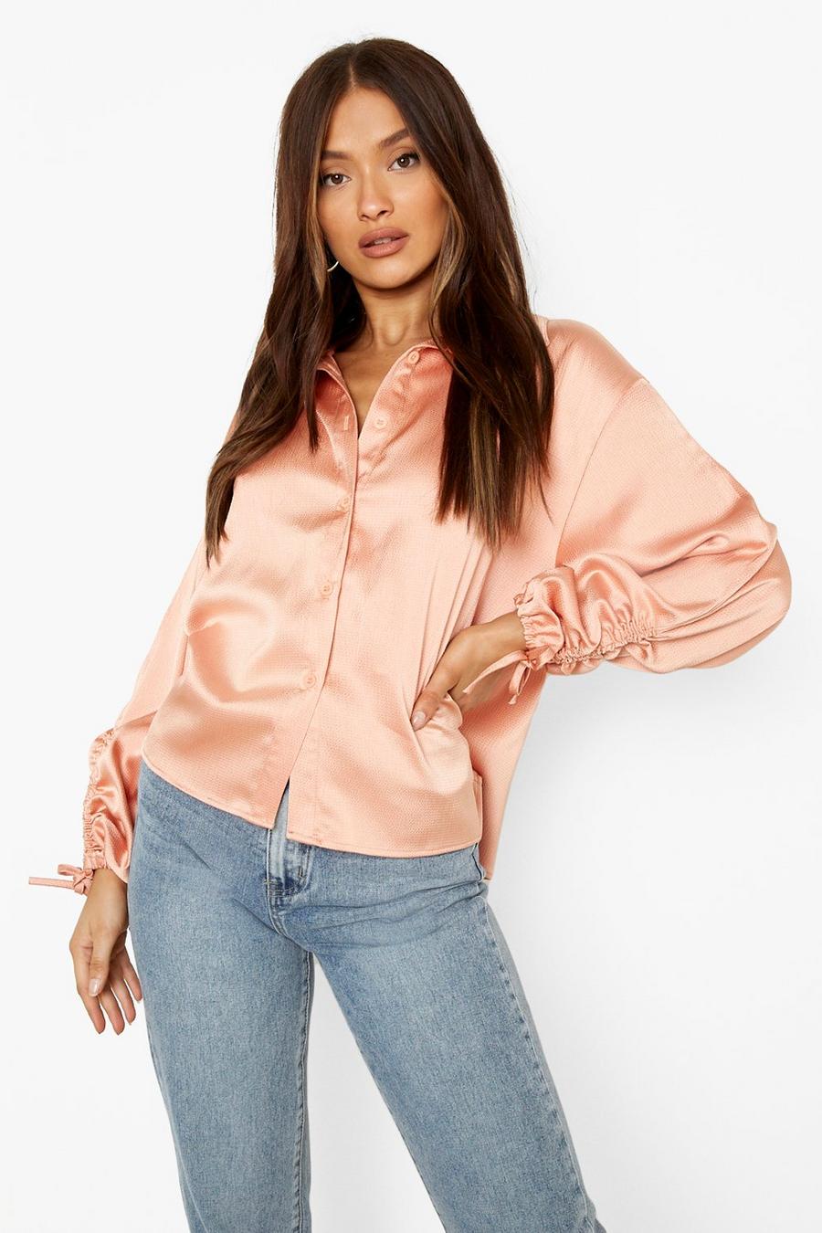 Peach Textured Woven Ruched Sleeve Shirt image number 1