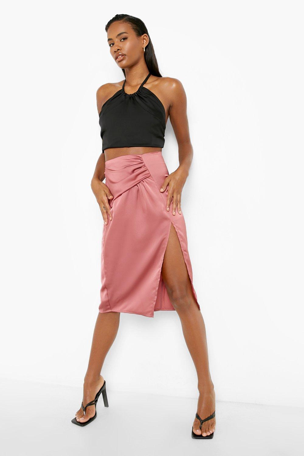 Ruched Satin Thigh Split Midi Skirt | boohoo