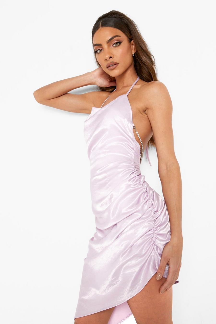 Lilac Halterneck Strappy Ruched Bodycon Midi Dress image number 1