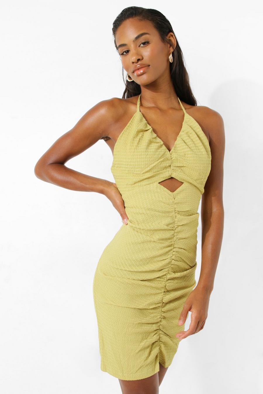 Green Halter Neck Ruched Mini Dress With Cut Out image number 1