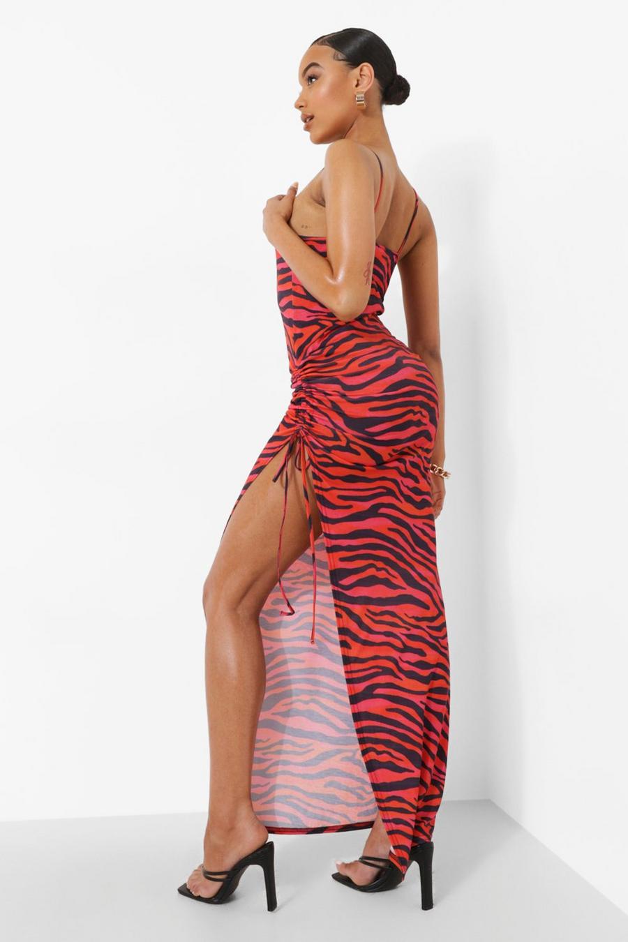 Orange Zebra Print Ruched Tie Side Maxi Dress image number 1