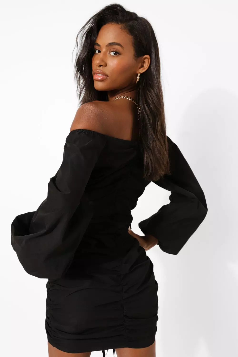 Black bardot ruched dress hotsell