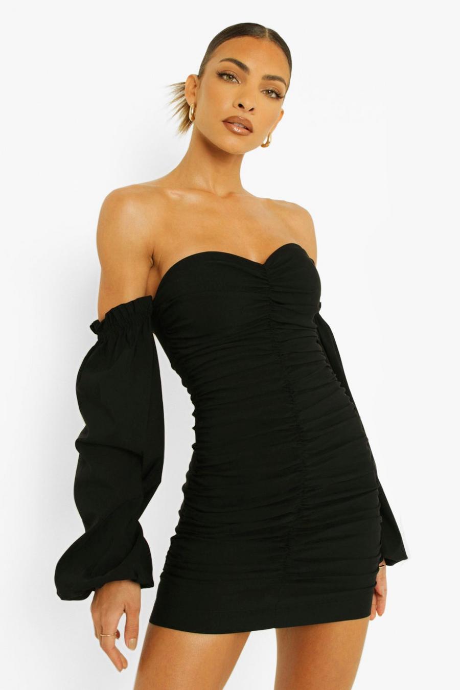 Black Extreme Puff Sleeve Ruched Front Mini Dress image number 1