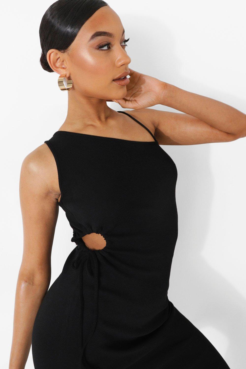 Vestido midi de canalé con abertura en la cintura | boohoo