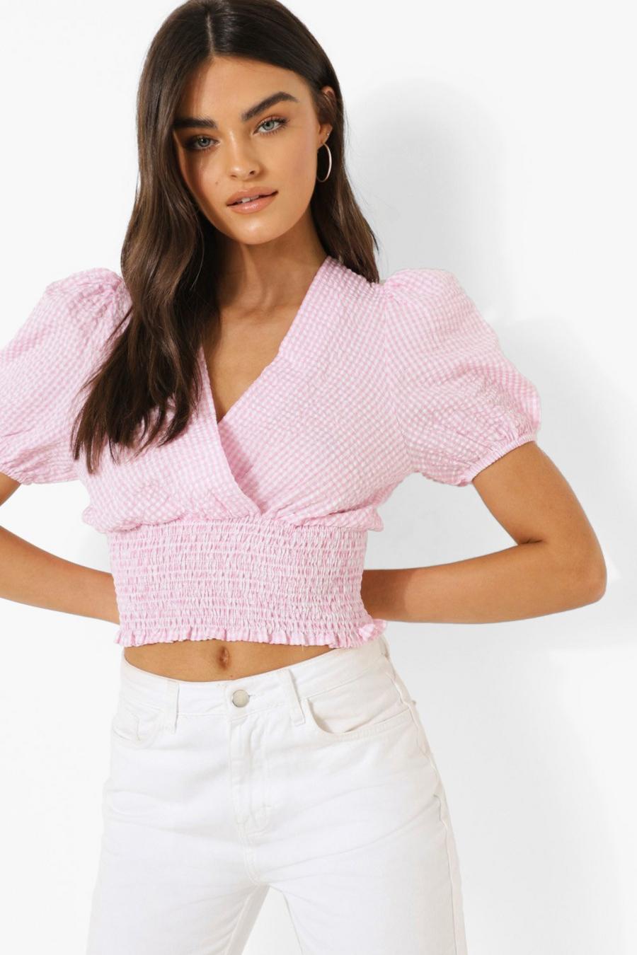 Pink Gingham Wrap Front Puff Sleeve Blouse image number 1