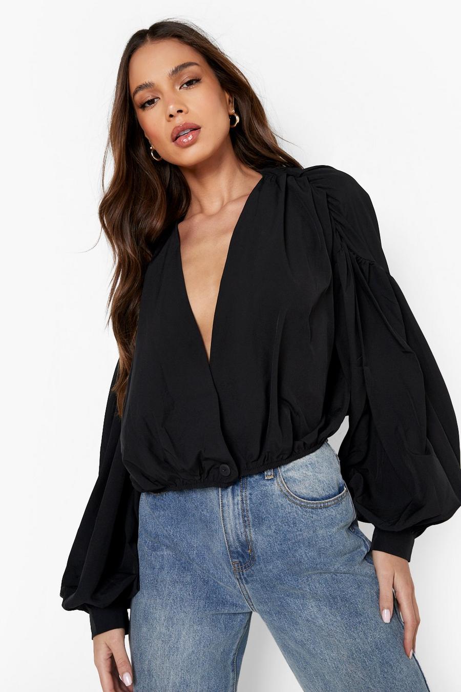 Black Puff Sleeve Cropped Shirt image number 1