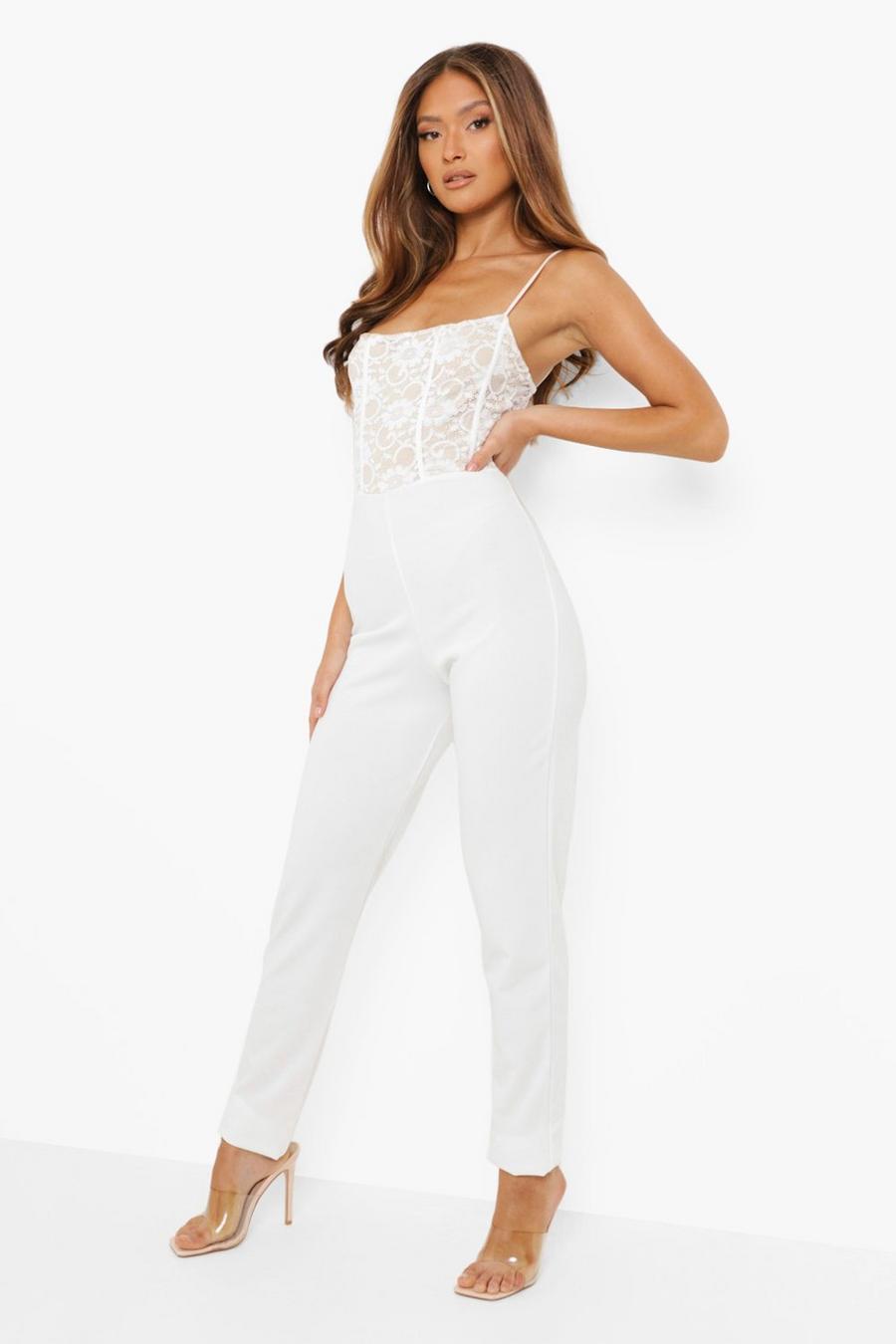 White Lace Paneled Detail Strappy Jumpsuit image number 1