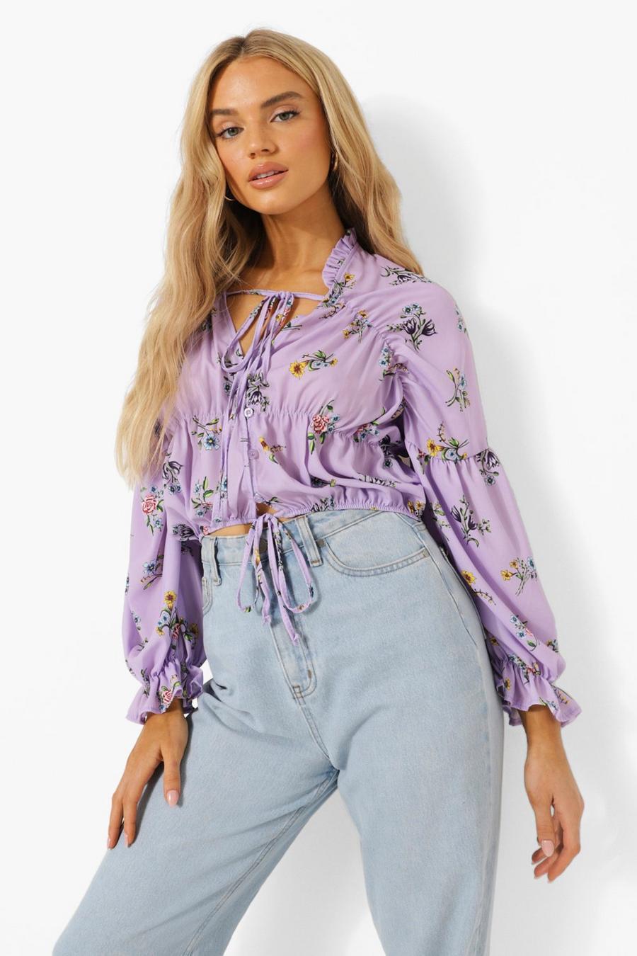 Lilac Ditsy Floral Ruched Chiffon Blouse image number 1