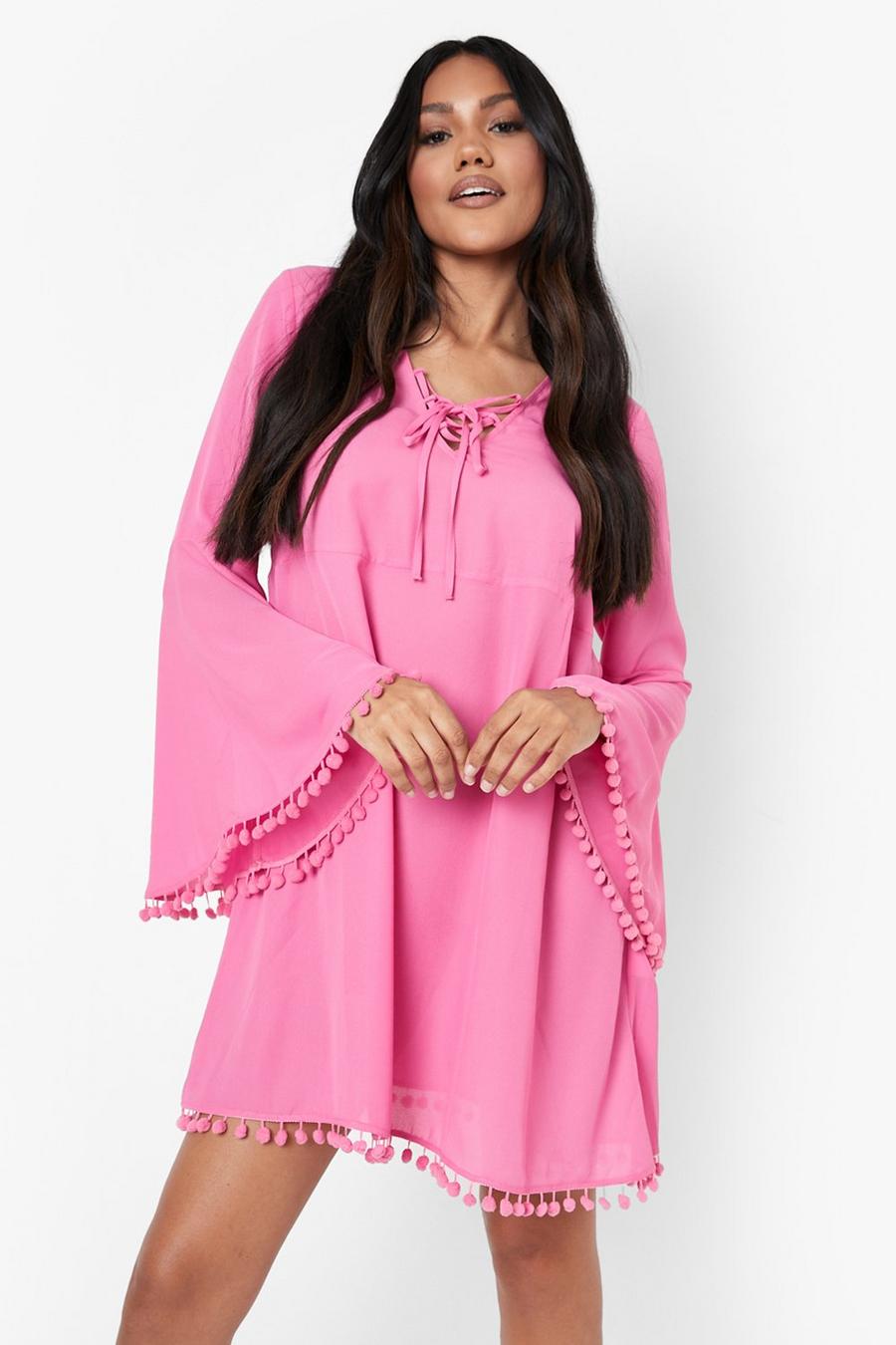 Vestido holgado con mangas acampanadas y borlas, Hot pink rosa
