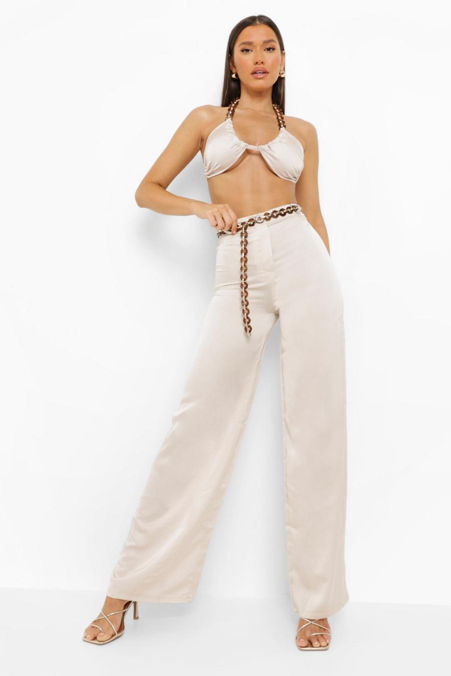 Natural beige Chain Detail Wide Leg Woven Pants image number 1