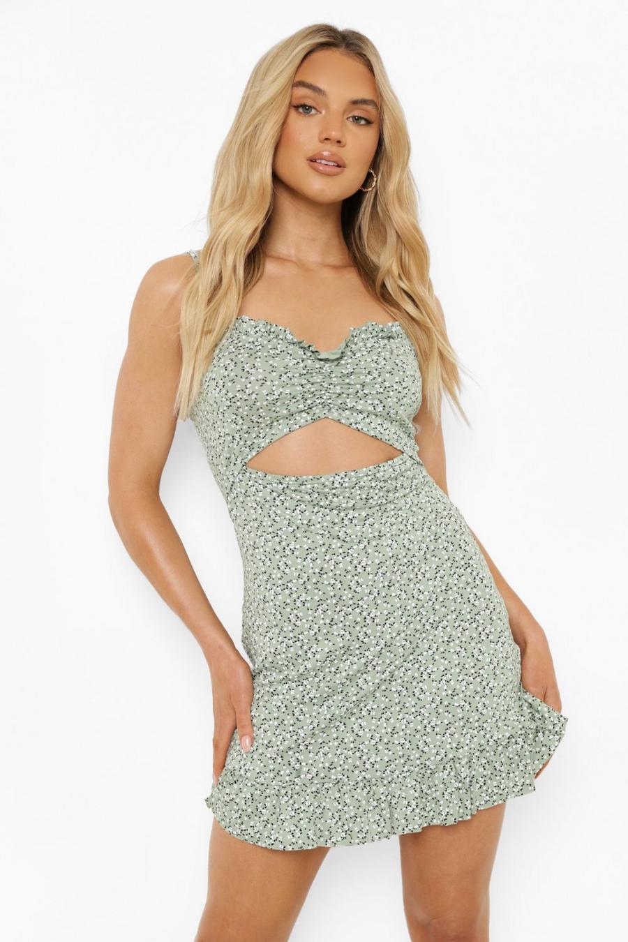 Mint Ditsy Floral Ruffle Cut Out Sun Dress image number 1