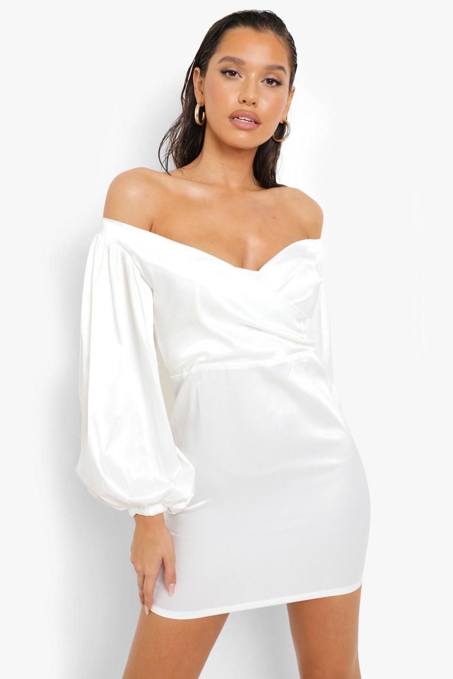 White Bardot Blouson Sleeve Wrap Mini Dress image number 1