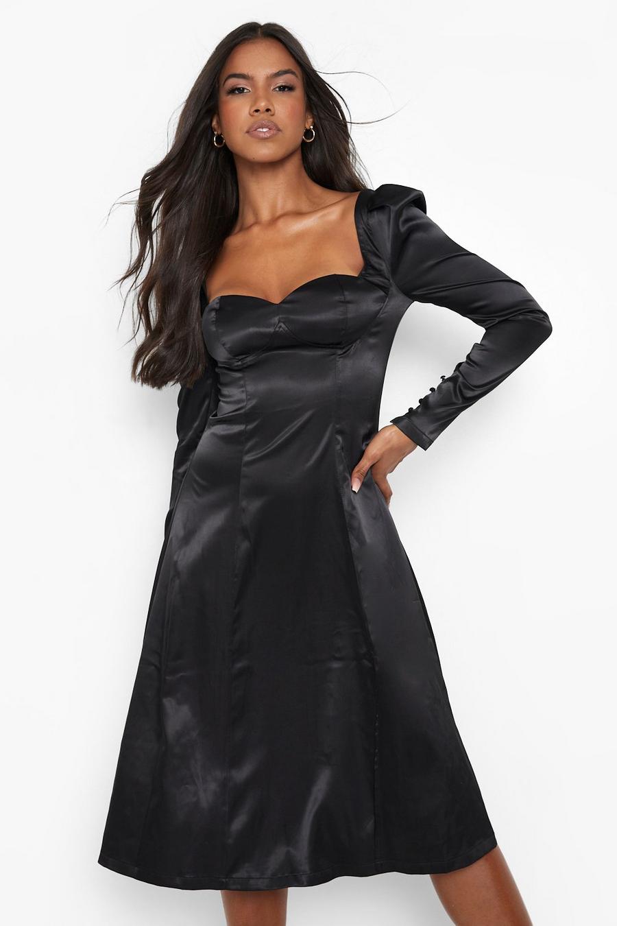 Black Satin Cup Detail Side Split Midi Dress image number 1