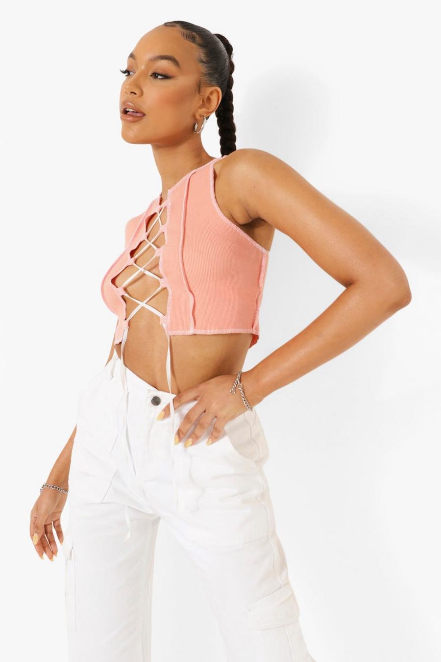 Coral pink Seam Detail Lace Up Top