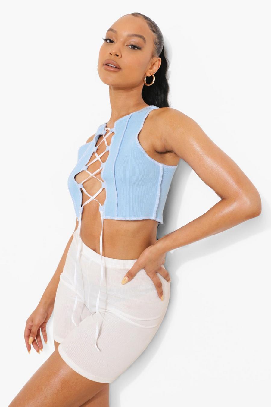 Light blue Seam Detail Lace Up Top image number 1