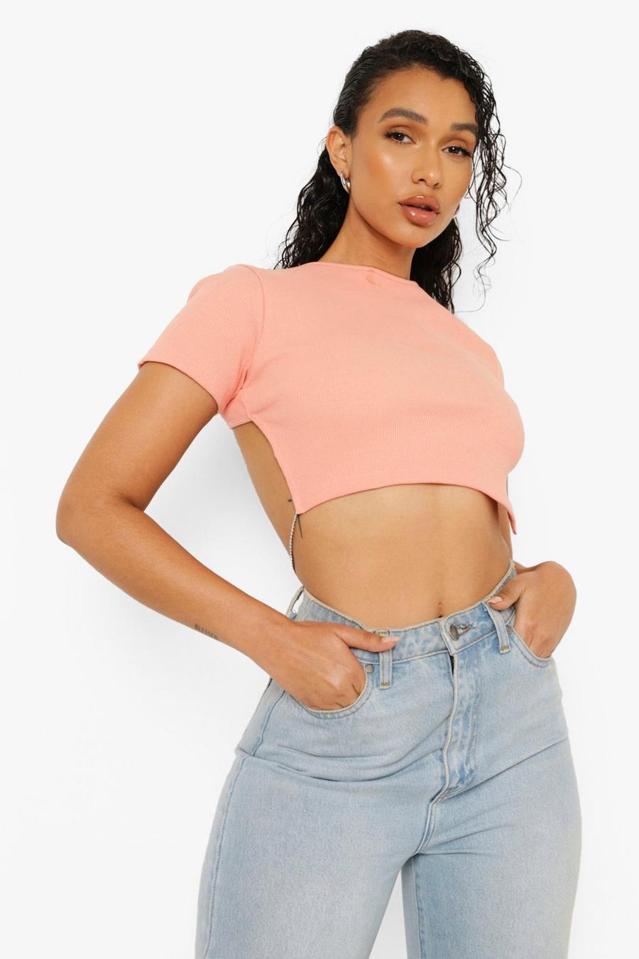 Coral Short Sleeve Chain Detail Crop Top image number 1