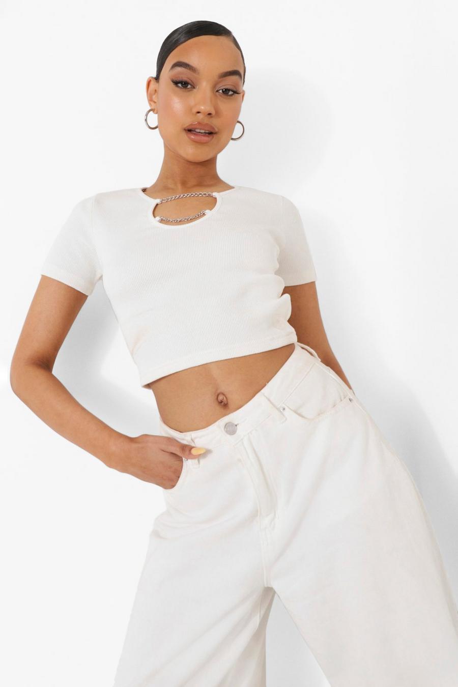 Ivory Chain Detail Rib Short Sleeve Crop Top image number 1