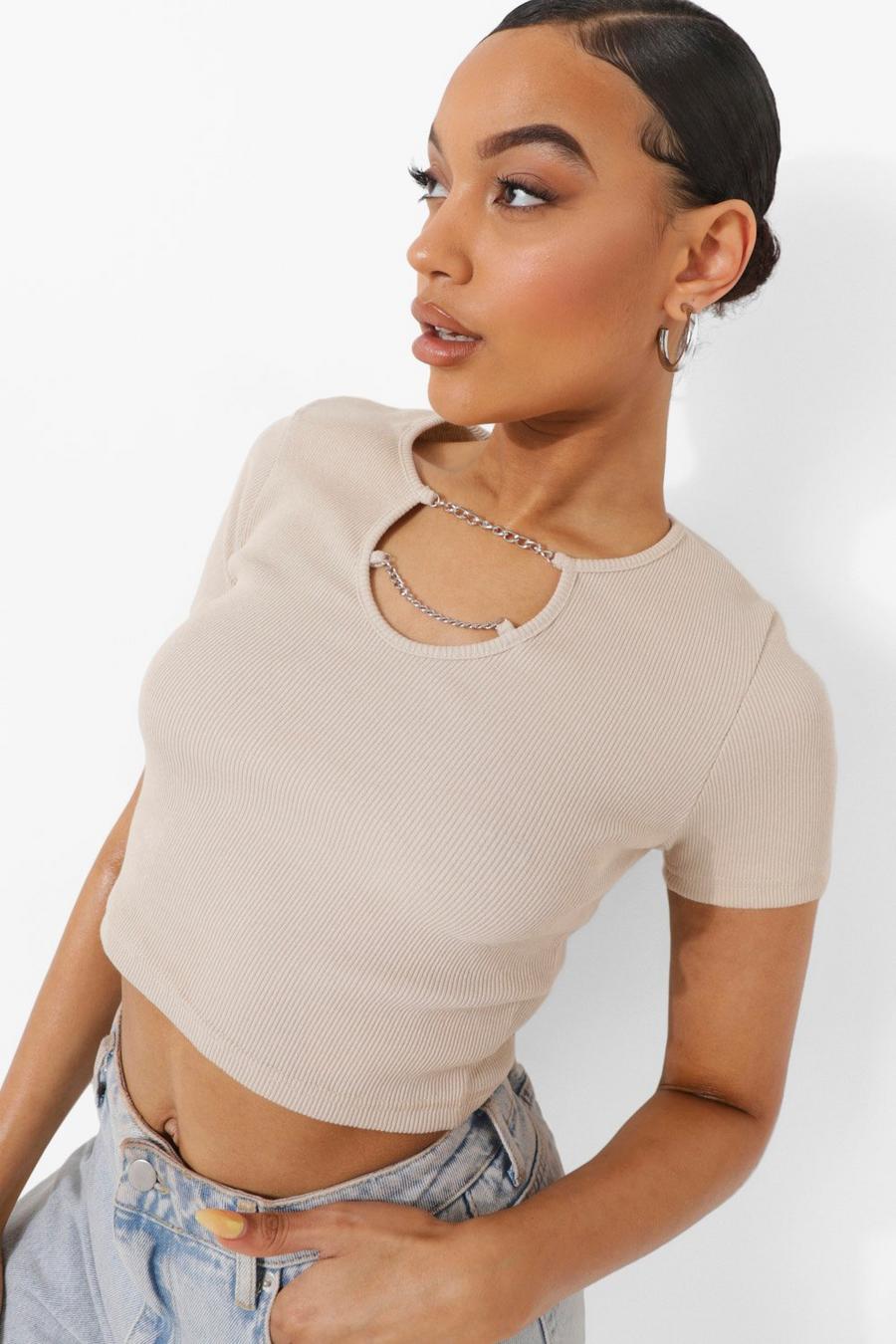 Stone Chain Detail Rib Short Sleeve Crop Top image number 1