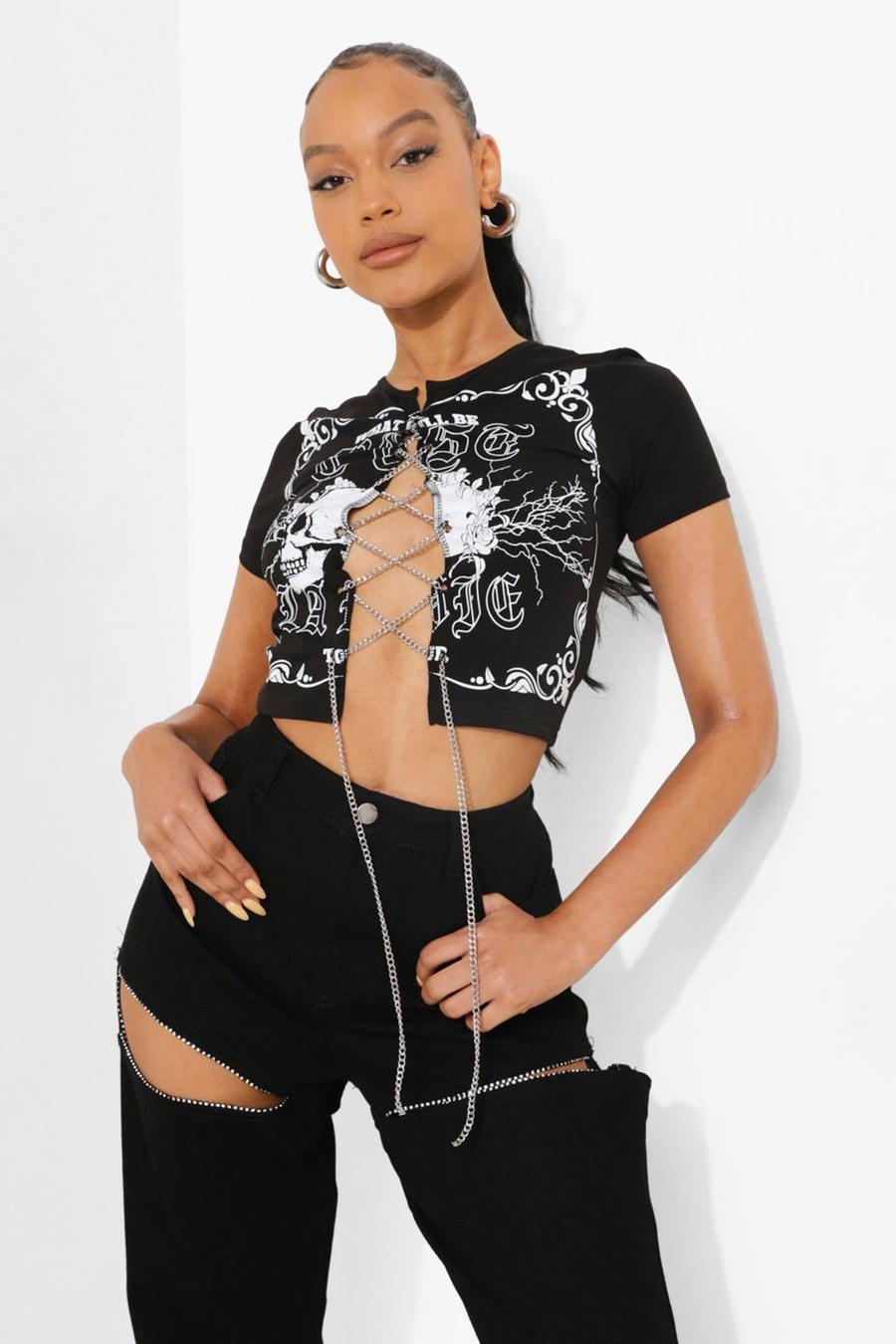 Black Printed Chain Lace Up Crop Top image number 1