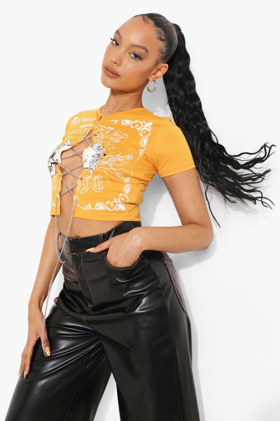 Orange Printed Chain Lace Up Crop Top image number 1