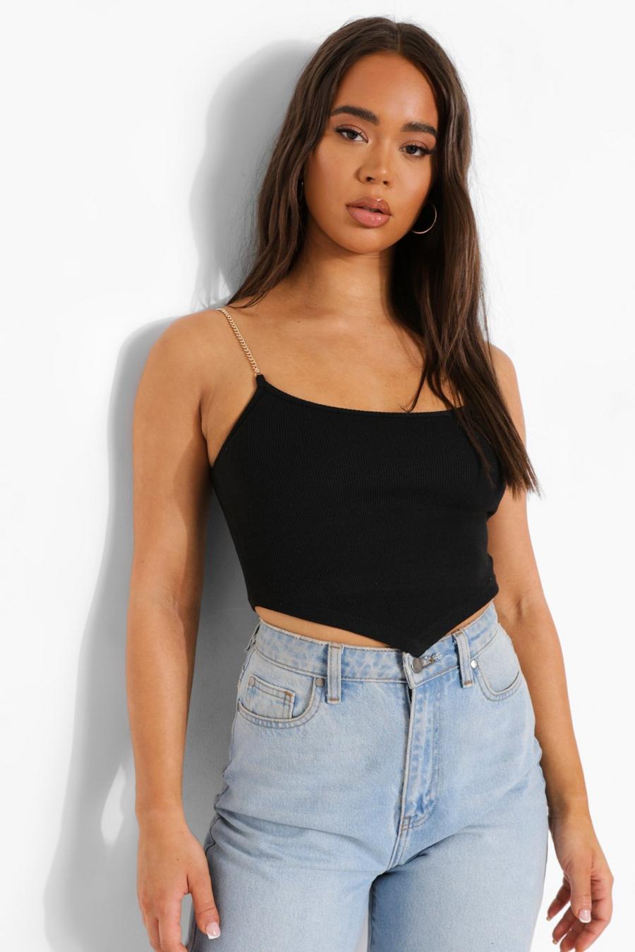 Black Chain Strap Rib Pointed Crop Top image number 1